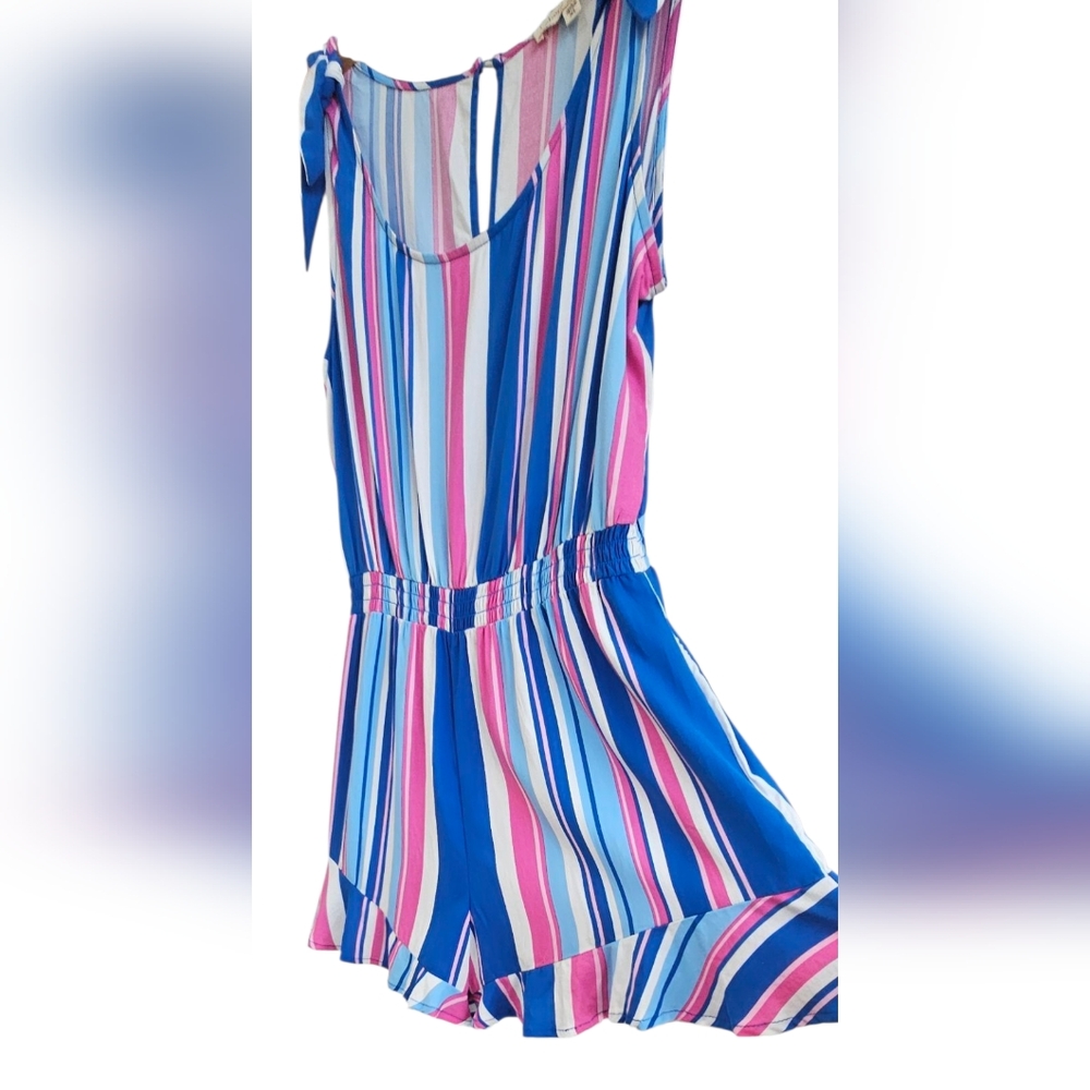 BeBop-NEW Striped Sleeveless Tie-up Romper Ruffled Hem Stretch Waste 100% Rayon - Picture 3 of 8
